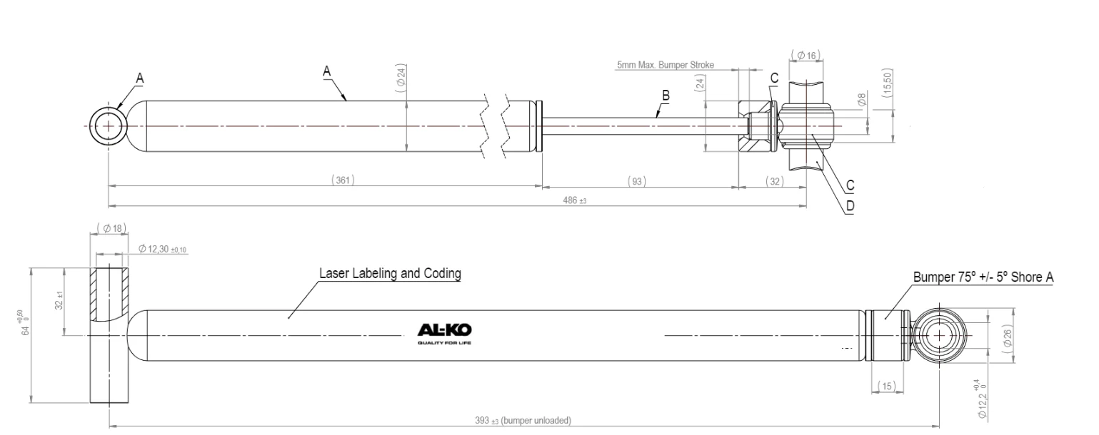 AL-KO oploopremdemper - 161S -  486 mm uitgeschoven lengte - montage koppelingskant 65 mm - Image 5