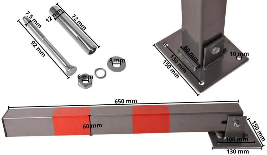 Parkeerpaal met slot - 650x60x60 mm - grijs/rood - hoogwaardige kwaliteit - Image 10